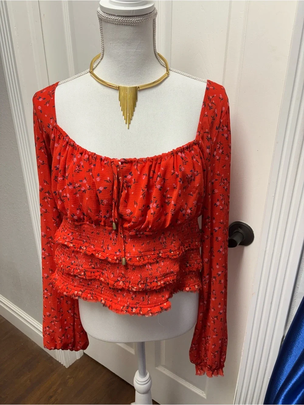 Free People Lolita Red Floral Smocked Tiered Crop Blouse Top - Size XL